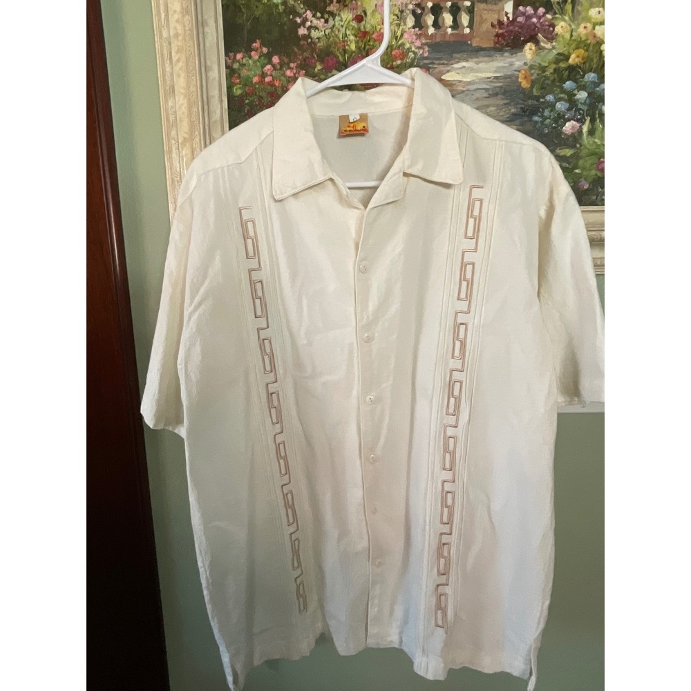 Somi Men's Beige  Guayabera Short Sleeve Embroidered Button-Up Shirt Size G Used